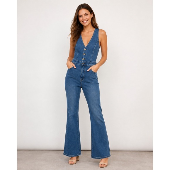 Pilcro and the Letterpress Pants - Pilcro Denim Jumpsuit 12 Blue Excellent Flare Leg Vest Top V-Neck